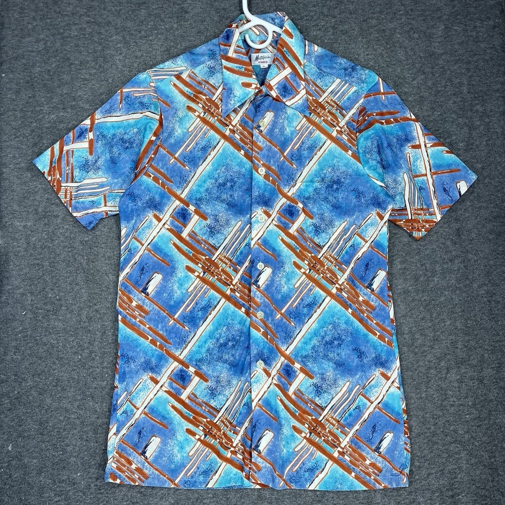 VTG 70s ENRO Shirt Mens‎ L (Tag XL) Blue Geometric Short Sleeve 60s True Vintage